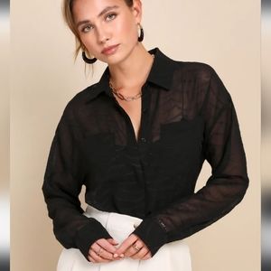 Lulus Elevated Perception Black Sheer Textured Wavy Button-Up Top XL